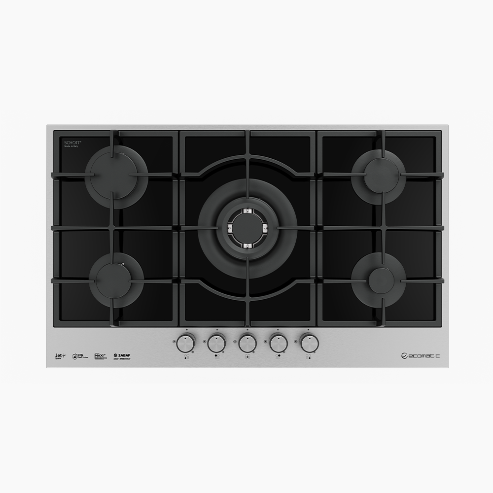 مسطح بلت إن غاز 90 سم كريستال أسود بإطار استانلس ستيل – إيكوماتك | 5 شعلات EDGE - S927IQC