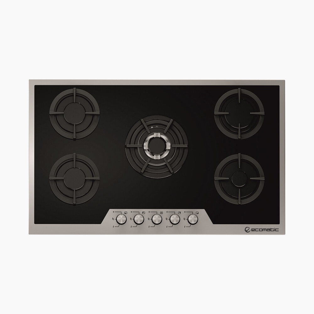 مسطح بلت إن غاز 90 سم كريستال أسود بإطار استانلس ستيل – إيكوماتك | 5 شعلات - S907IGC